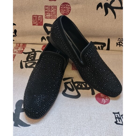 NIB! Moretti Black Rhinestone Encrusted Red Bottom Slip-On Dress Shoes. Sz 11.5 - Picture 1 of 9